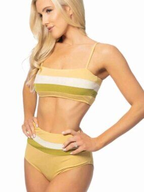 Beach Joy Womens High Waisted Bandeau Bikini Ribbed Colorblock S New